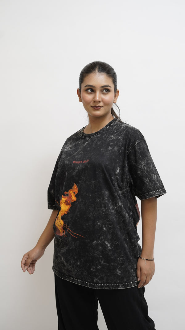 Trapped Greed Graphic Acid Washed Oversized Tshirt | Unisex