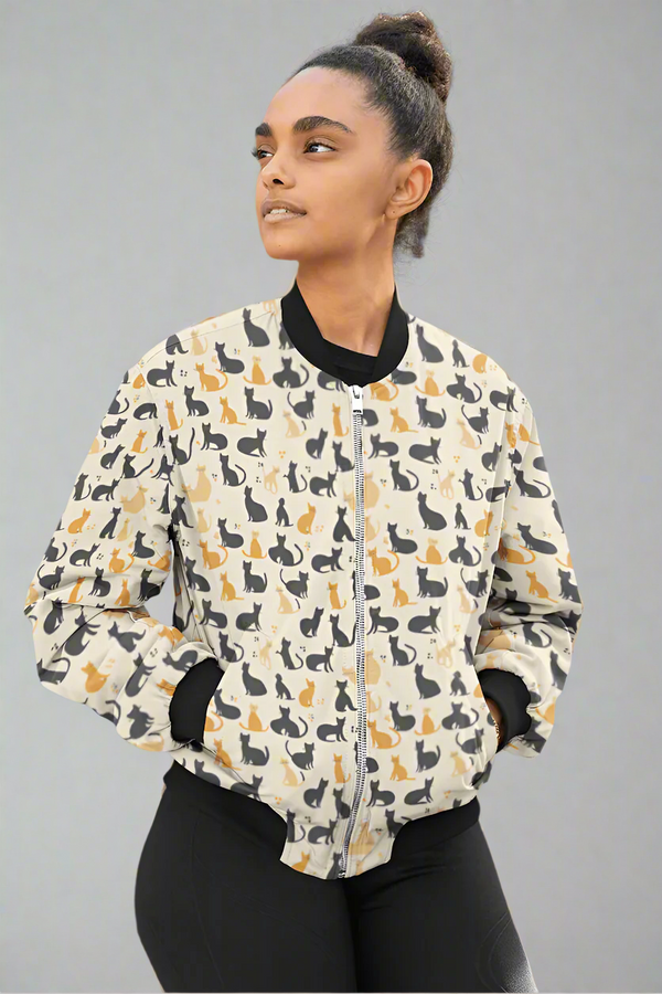 Quirky Cat Printed Bomber Jacket - Unisex