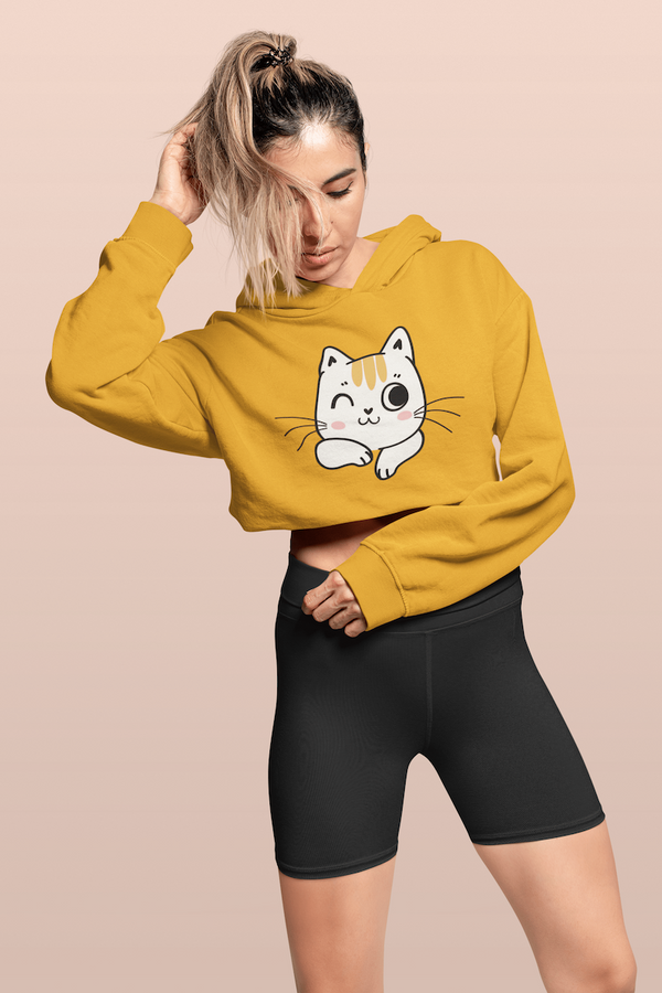 Kitty print Female Crop Hoodie