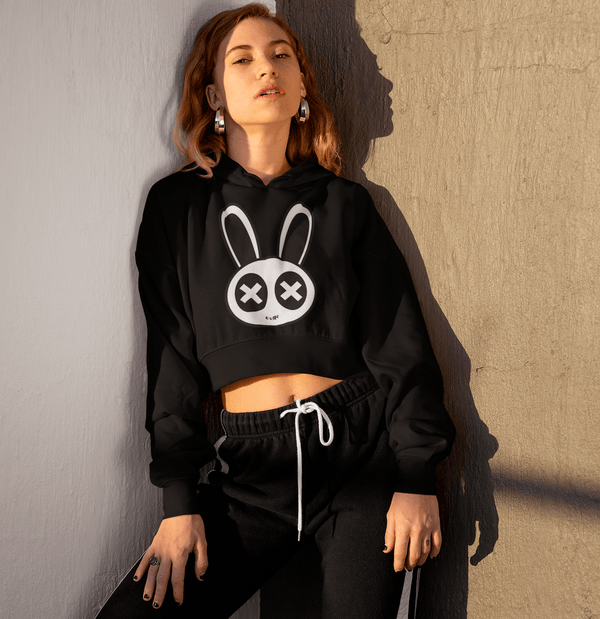 Minimalist Bunny Black Crop Hoodie for Women