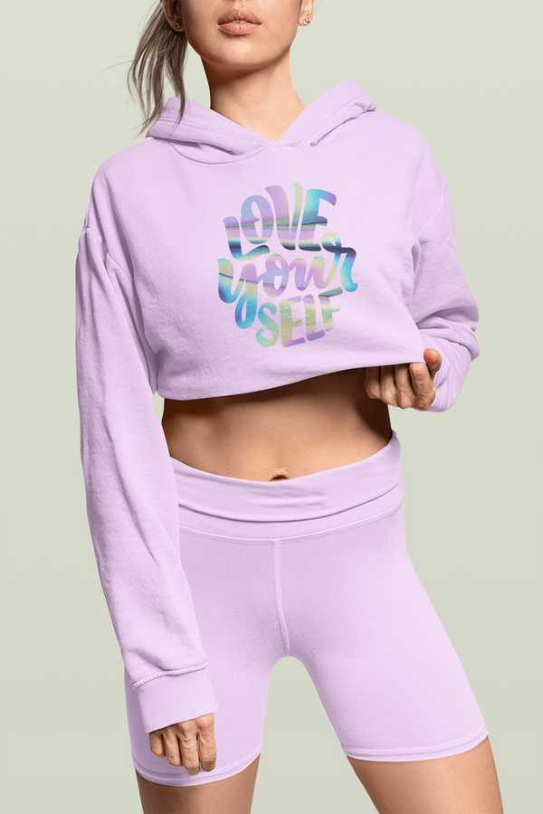 Love Yourself Rainbow Reflective Vinyl printed Crop Hoodie